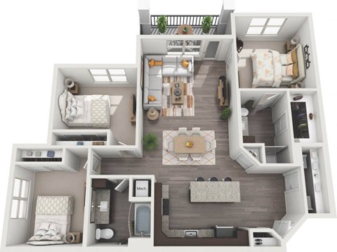 Floor plan for 3 beds, 2 baths, 1351 sqft